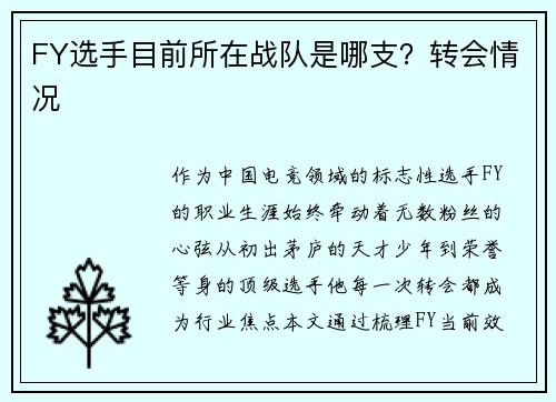 FY选手目前所在战队是哪支？转会情况